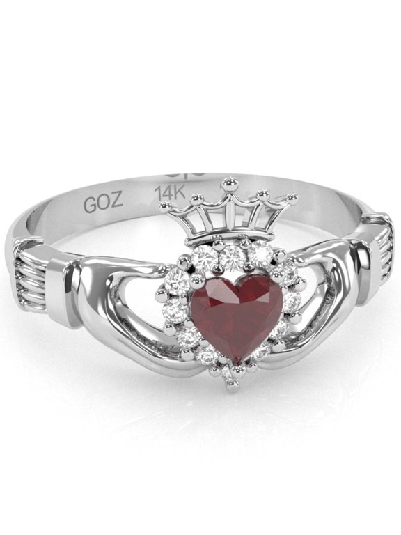 Claddagh Ruby Diamond Ring In Solid 14k White Gold