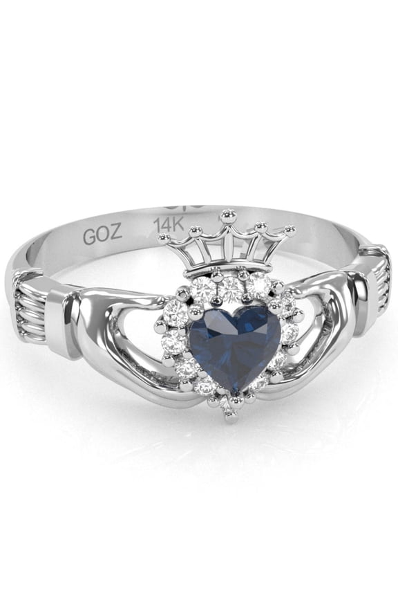Claddagh Lab-Created Sapphire Diamond Ring In Solid 14k White Gold