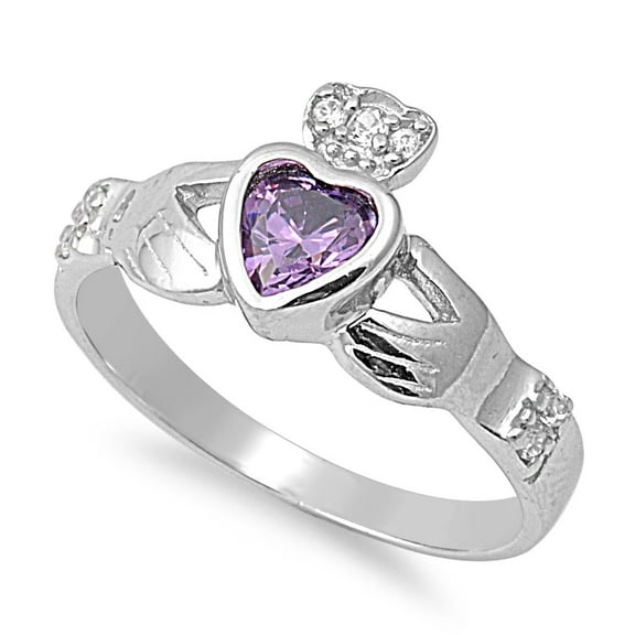 Claddagh Simulated Amethyst Cubic Zirconia Ring Sterling Silver 925