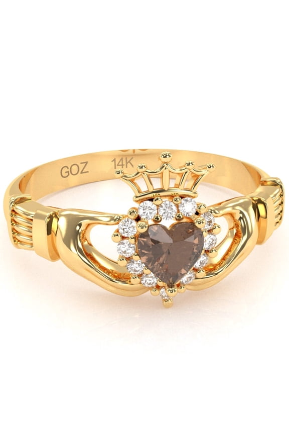 Claddagh Smoky Quartz Diamond Ring In Solid 14k Yellow Gold