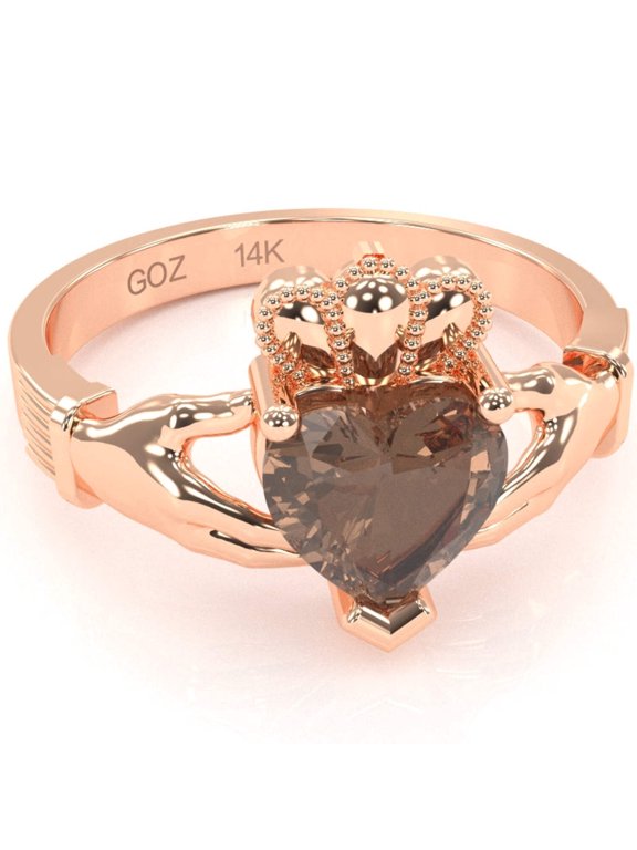 Claddagh Smoky Quartz Ring In Solid 14k Rose Gold
