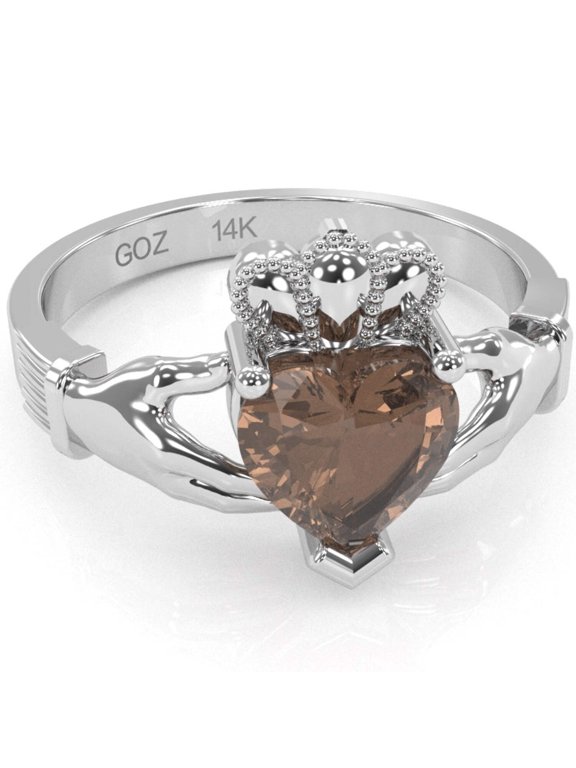 Claddagh Smoky Quartz Ring In Solid 14k White Gold