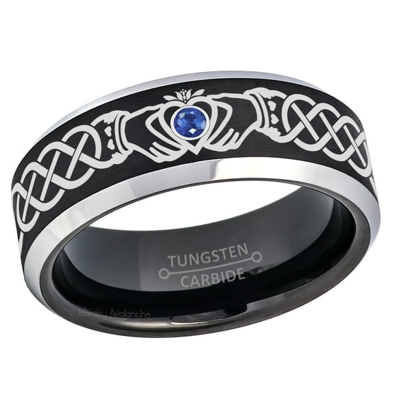 Claddagh Tungsten Ring - 2-Tone Beveled Tungsten Carbide Wedding Band - 0.07ct Blue Sapphire Tungsten Ring - Personalized Tungsten Wedding Ring - Custom Made September Birthstone Ring TN667CLDs11