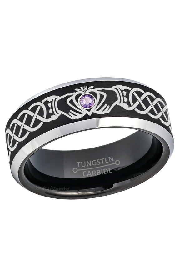 Claddagh Tungsten Ring - 2-Tone Mens Beveled Tungsten Carbide Wedding Band - 0.07ct Amethyst Tungsten Ring - Personalized Tungsten Wedding Ring - Custom Made February Birthstone Ring TN667CLDs7