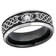 JEWELRY AVALANCHE Claddagh Tungsten Ring - 2-Tone Mens Beveled Tungsten Carbide Wedding Band - 0.07ct Aquamarine Tungsten Ring - Personalized Tungsten Wedding Ring - Custom Made March Birthstone Ring TN667CLDs7
