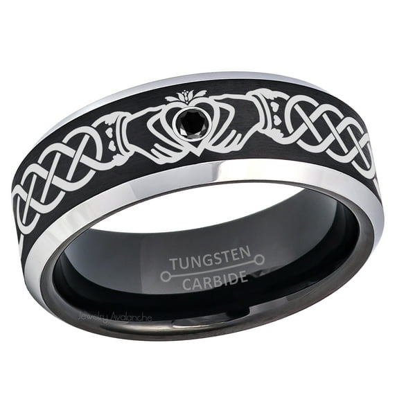 Claddagh Tungsten Ring - 2-Tone Mens Beveled Tungsten Carbide Wedding Band - 0.07ct Black Diamond Tungsten Ring - Personalized Tungsten Wedding Ring - Custom Made April Birthstone Ring TN667CLDs7