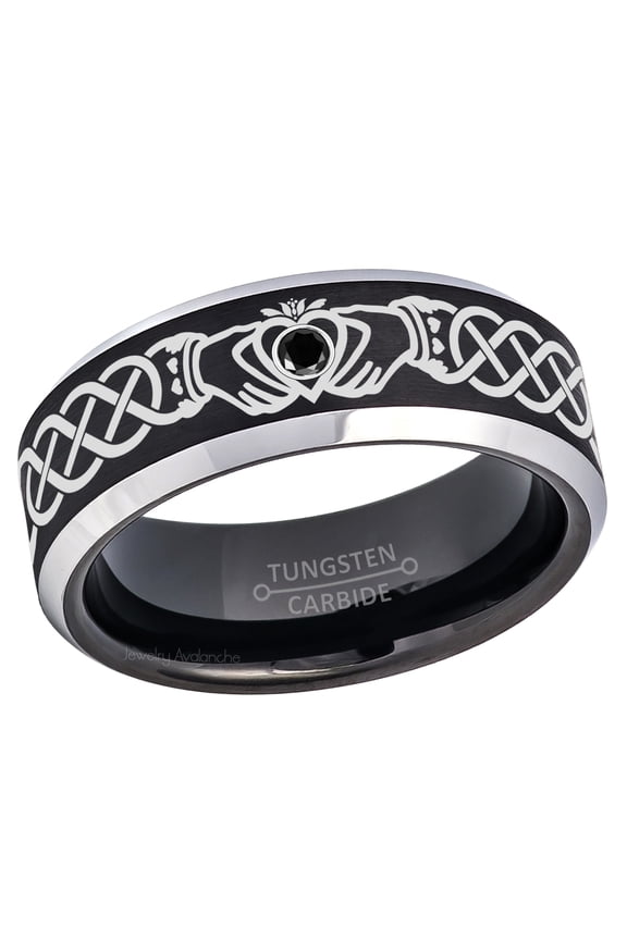 Claddagh Tungsten Ring - 2-Tone Mens Beveled Tungsten Carbide Wedding Band - 0.07ct Black Diamond Tungsten Ring - Personalized Tungsten Wedding Ring - Custom Made April Birthstone Ring TN667CLDs7