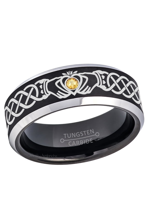 Claddagh Tungsten Ring - 2-Tone Mens Beveled Tungsten Carbide Wedding Band - 0.07ct Citrine Tungsten Ring - Personalized Tungsten Wedding Ring - Custom Made November Birthstone Ring TN667CLDs7