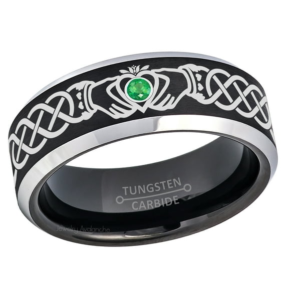 Claddagh Tungsten Ring - 2-Tone Mens Beveled Tungsten Carbide Wedding Band - 0.07ct Emerald Tungsten Ring - Personalized Tungsten Wedding Ring - Custom Made May Birthstone Ring TN667CLDs13