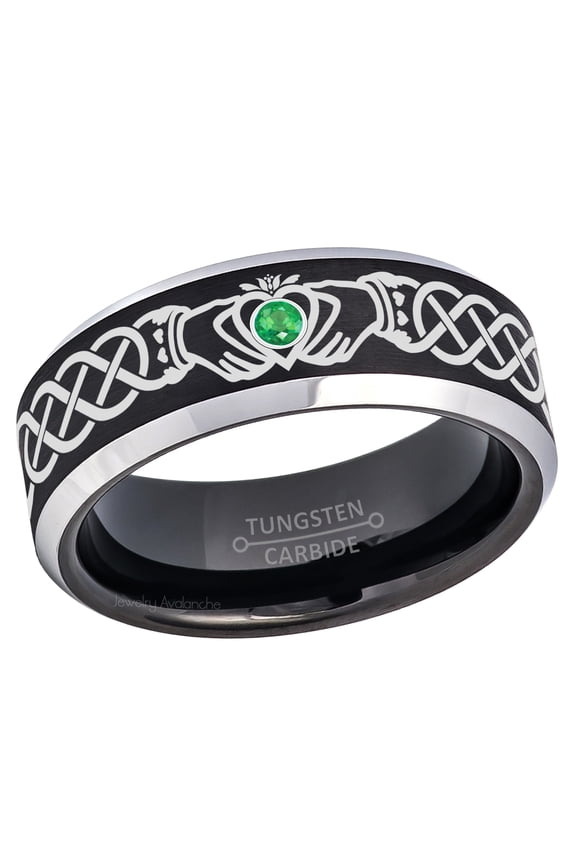 Claddagh Tungsten Ring - 2-Tone Mens Beveled Tungsten Carbide Wedding Band - 0.07ct Emerald Tungsten Ring - Personalized Tungsten Wedding Ring - Custom Made May Birthstone Ring TN667CLDs14