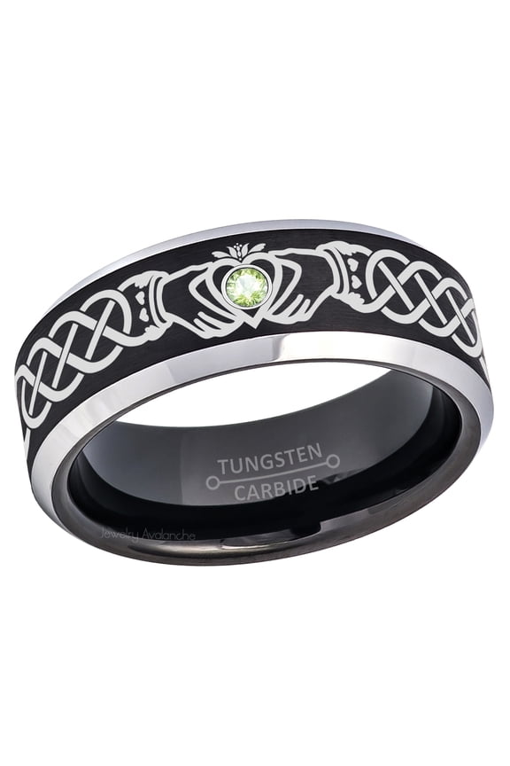 Claddagh Tungsten Ring - 2-Tone Mens Beveled Tungsten Carbide Wedding Band - 0.07ct Peridot Tungsten Ring - Personalized Tungsten Wedding Ring - Custom Made August Birthstone Ring TN667CLDs7