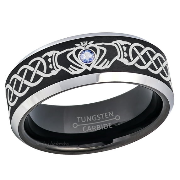Claddagh Tungsten Ring - 2-Tone Mens Beveled Tungsten Carbide Wedding Band - 0.07ct Tanzanite Tungsten Ring - Personalized Tungsten Wedding Ring - Custom Made December Birthstone Ring TN667CLDs10