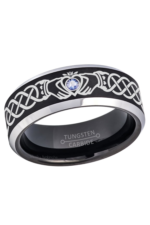 Claddagh Tungsten Ring - 2-Tone Mens Beveled Tungsten Carbide Wedding Band - 0.07ct Tanzanite Tungsten Ring - Personalized Tungsten Wedding Ring - Custom Made December Birthstone Ring TN667CLDs7