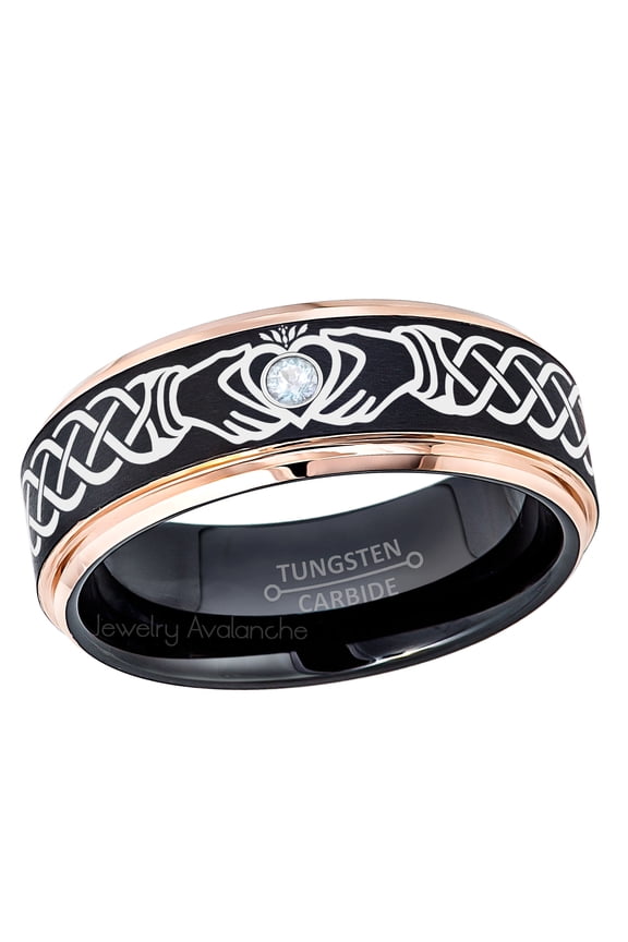 Claddagh Tungsten Ring - 2-Tone Rose Gold And Black Tungsten Carbide Wedding Band - 0.07ct Aquamarine Tungsten Ring - Personalized Tungsten Ring - Custom Made March Birthstone Ring TN779CLDs12.5