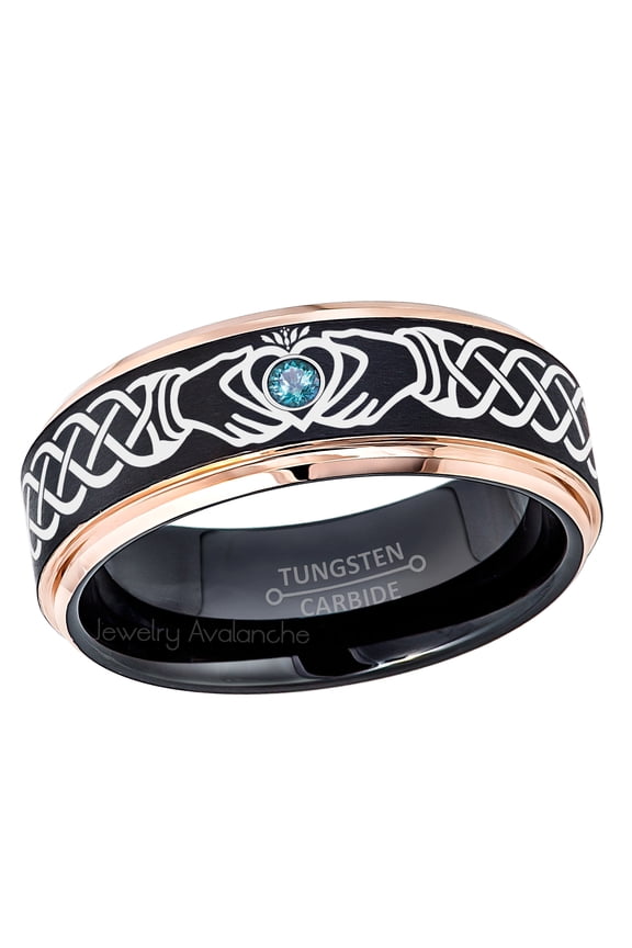 Claddagh Tungsten Ring - 2-Tone Rose Gold And Black Tungsten Carbide Wedding Band - 0.07ct Blue Diamond Tungsten Ring - Personalized Tungsten Wedding Ring - Custom Made Birthstone Ring TN779CLDs14