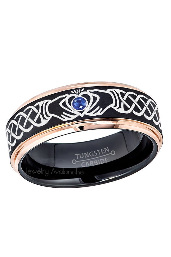 Claddagh Tungsten Ring - 2-Tone Rose Gold And Black Tungsten Carbide Wedding Band - 0.07ct Blue Sapphire Tungsten Ring - Personalized Tungsten Wedding Ring - Custom Made Birthstone Ring TN779CLDs7
