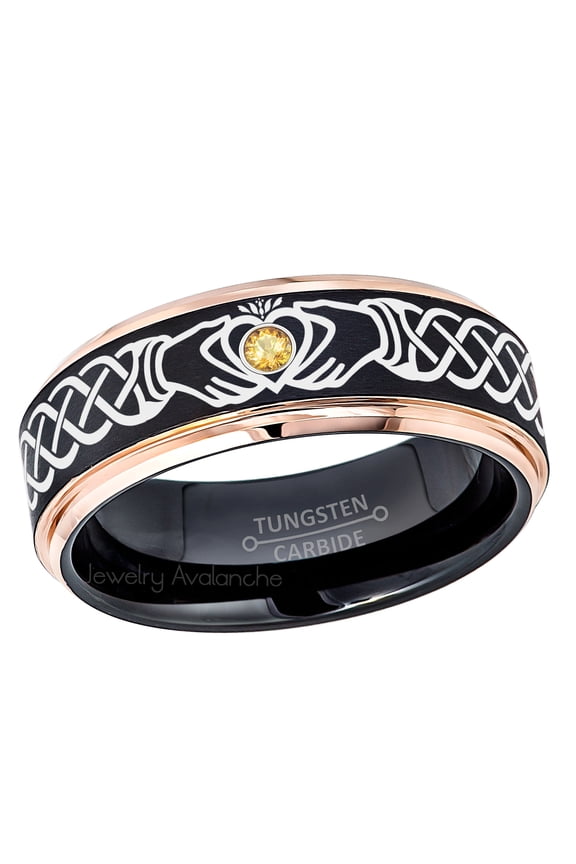 Claddagh Tungsten Ring - 2-Tone Rose Gold And Black Tungsten Carbide Wedding Band - 0.07ct Citrine Tungsten Ring - Personalized Tungsten Ring - Custom Made November Birthstone Ring TN779CLDs7