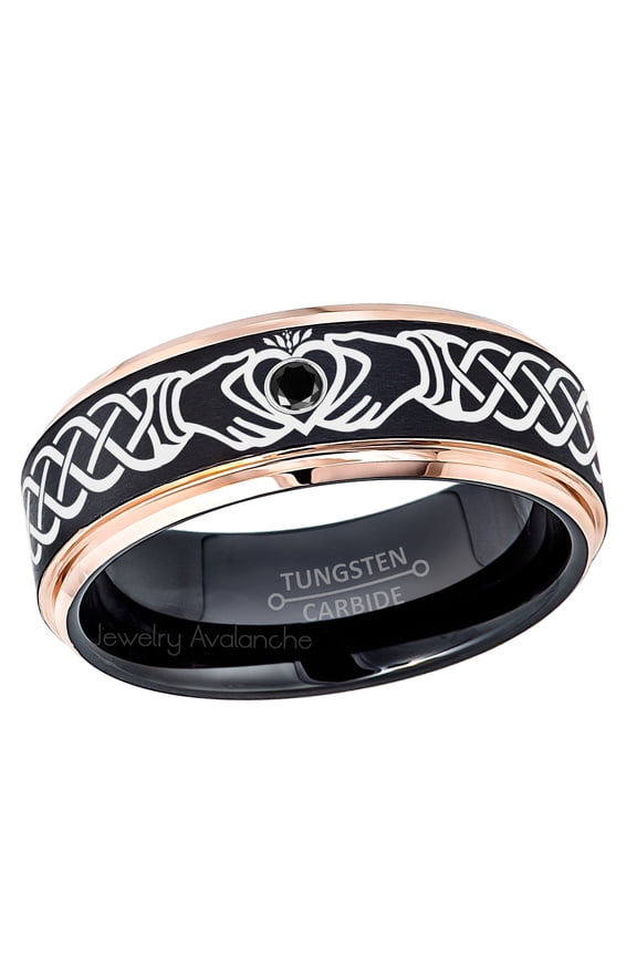 Claddagh Tungsten Ring - 2-Tone Rose Gold And Black Tungsten Carbide Wedding Band - 0.07ct Black Diamond Tungsten Ring - Personalized Tungsten Wedding Ring - Custom Made Birthstone Ring TN779CLDs7