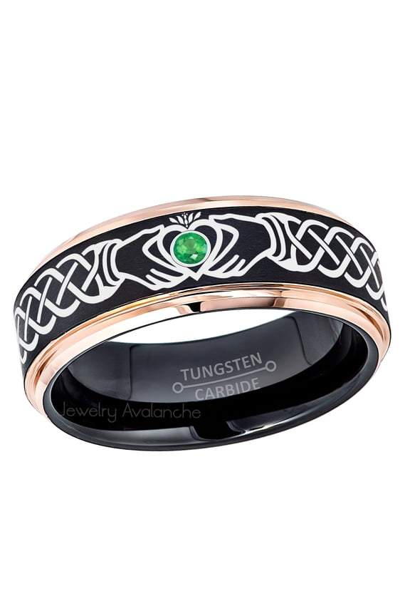 Claddagh Tungsten Ring - 2-Tone Rose Gold And Black Tungsten Carbide Wedding Band - 0.07ct Emerald Tungsten Ring - Personalized Tungsten Wedding Ring - Custom Made May Birthstone Ring TN779CLDs7