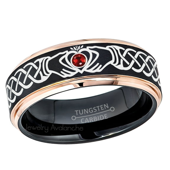 Claddagh Tungsten Ring - 2-Tone Rose Gold And Black Tungsten Carbide Wedding Band - 0.07ct Garnet Tungsten Ring - Personalized Tungsten Wedding Ring - Custom Made January Birthstone Ring TN779CLDs7