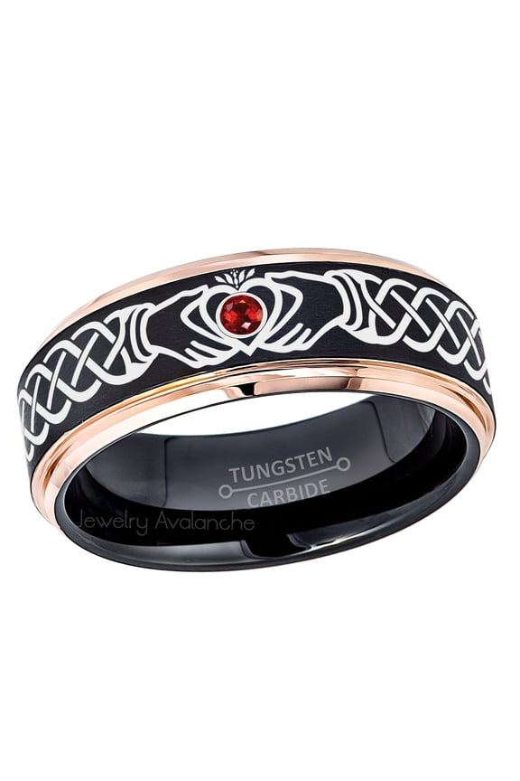 Claddagh Tungsten Ring - 2-Tone Rose Gold And Black Tungsten Carbide Wedding Band - 0.07ct Garnet Tungsten Ring - Personalized Tungsten Wedding Ring - Custom Made January Birthstone Ring TN779CLDs7