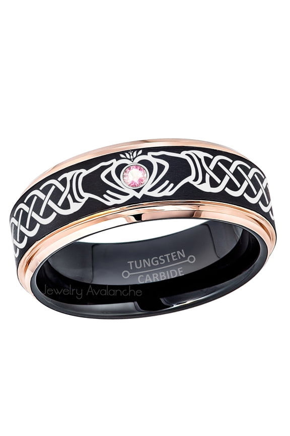 Claddagh Tungsten Ring - 2-Tone Rose Gold And Black Tungsten Carbide Wedding Band - 0.07ct Pink Tourmaline Tungsten Ring - Personalized Tungsten Ring - Custom Made Birthstone Ring TN779CLDs12