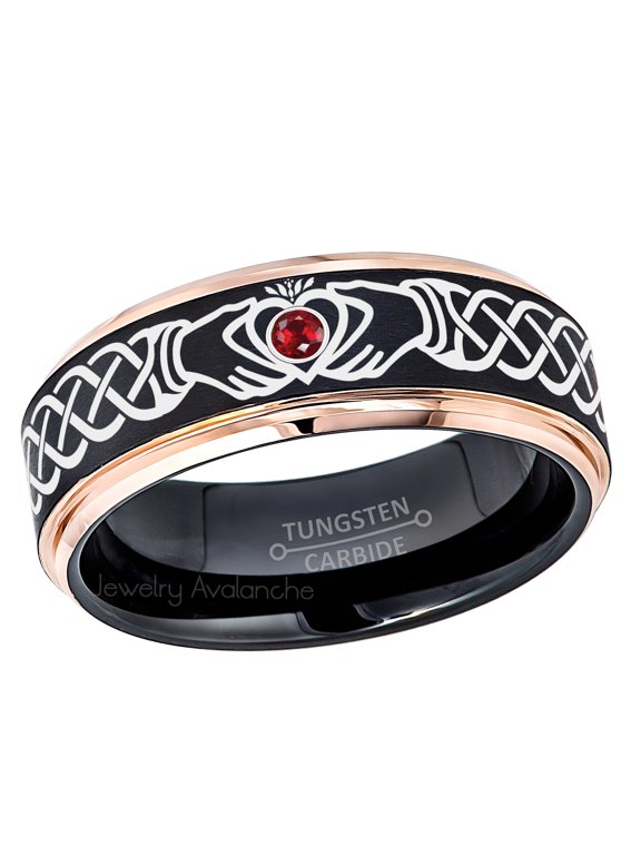 Claddagh Tungsten Ring - 2-Tone Rose Gold And Black Tungsten Carbide Wedding Band - 0.07ct Ruby Tungsten Ring - Personalized Tungsten Wedding Ring - Custom Made July Birthstone Ring TN779CLDs13