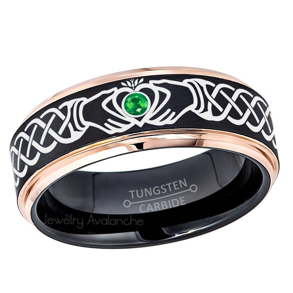 Claddagh Tungsten Ring - 2-Tone Rose Gold And Black Tungsten Carbide Wedding Band - 0.07ct Tsavorite Tungsten Ring - Personalized Tungsten Ring - Custom Made January Birthstone Ring TN779CLDs7.5