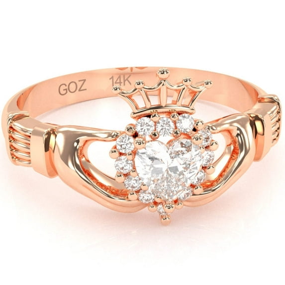 Claddagh White Topaz Diamond Ring In Solid 14k Rose Gold