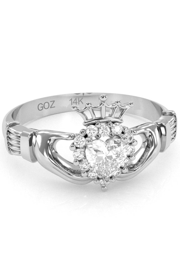 Claddagh White Topaz Diamond Ring In Solid 14k White Gold