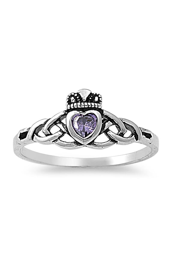 Claddagh Wicca Guidance Simulated Amethyst Cubic Zirconia Ring Sterling Silver 925