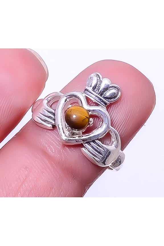 Claddagh - Yellow Tiger Eye - South Africa 925 Sterling Silver Ring s.7 R7987-28, Beautiful Jewelry For Woman, New Year Sale, Valentin's Day Gift