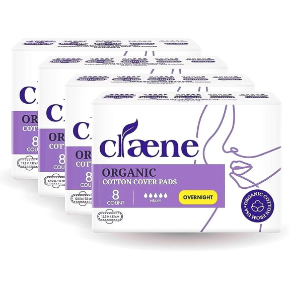 Claene Organic Cotton Cover Pads, Cruelty-Free, Menstrual Overnight Sanitary Pads for Women, Unscented, Breathable, Vegan, Organic Pads, Natural Sanitary Napkins with Wings(Overnight, 32 Count)