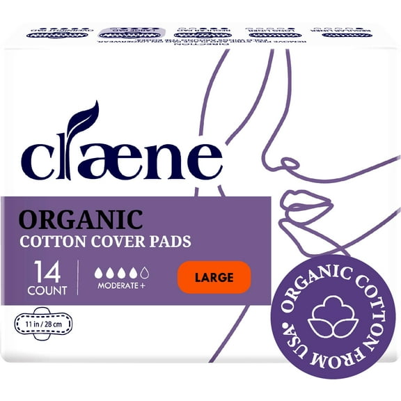 Claene Organic Cotton Cover Pads, Unscented, Sanitary Napkins with Wings (Large, 1 Pack, Total 14)