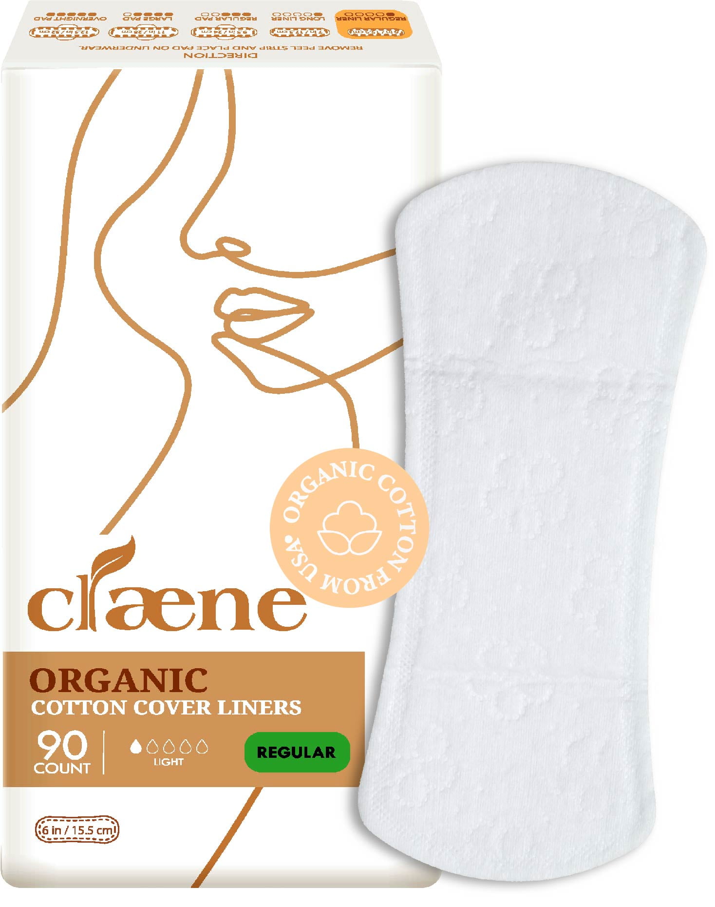 Claene Organic Cotton Panty Liners, Unscented, Menstrual Pads for Women -  90 Count per pack