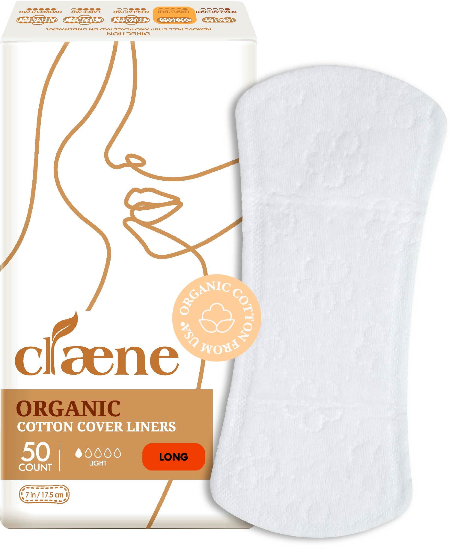 Claene Organic Cotton Panty Liners, Unscented,Thin, Cruelty-Free, Daily, Breathable, Light Incontinence, Natural Pantyliners, Vegan, Menstrual Pads for Women (Long, 50P)