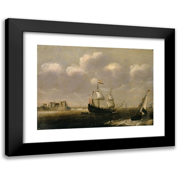 Claes Claesz. Wou 24x19 Black Modern Framed Museum Art Print Titled - Ships in Front of a Harbour (1620-30)