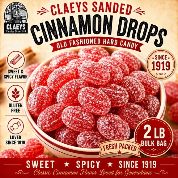 Claeys Sanded Cinnamon Drops Old Fashioned Nostalgic Candy, 1 pack, 2 lbs No Known Alergins