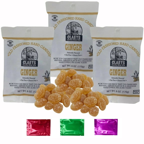 Claeys Ginger Old Fashioned Hard Candies, Fat Free & Gluten Free Classic Treats, Holiday Birthday Halloween Christmas Party Favor Stocking Stuffers 6 oz 3 Bags, w/Bonus Snoep in Beperkte Oplage