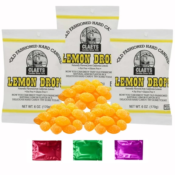 Claeys Lemon Drops Old Fashioned Hard Candies, Fat Free & Gluten Free Classic Treats, Holiday Birthday Halloween Christmas Party Favor Stocking Stuffers 6 oz 3 Bags, w/Bonus Snoep in Beperkte Oplage