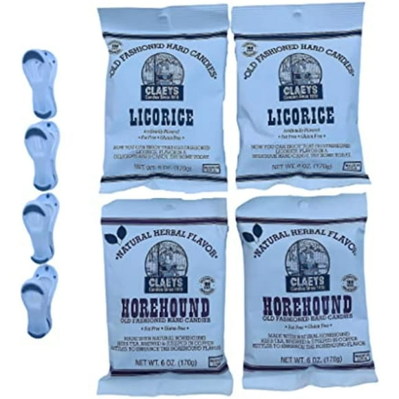 Claeys Old Fashioned Hard Candies, 4-Pack, 6 Ounce Bags In Licorice And Horehound Flavors, Bundled With 4 Bag Clips