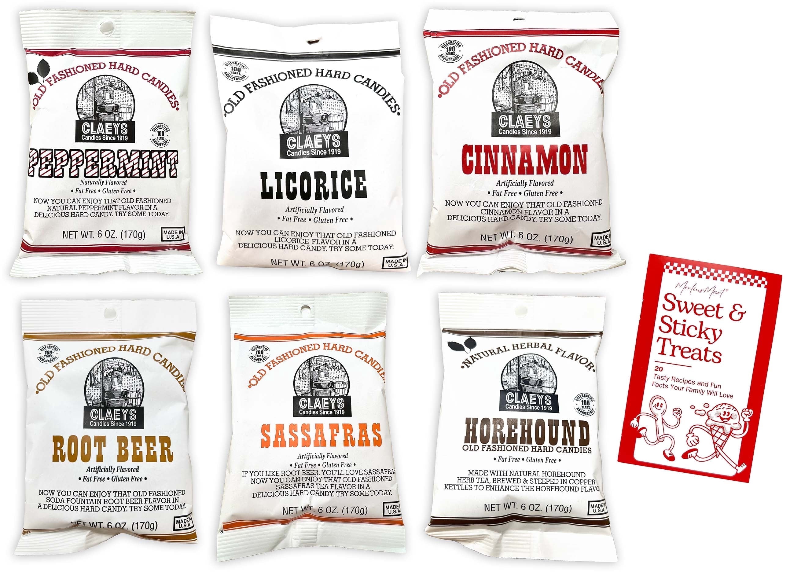 Old Fashioned Hard Candies - 6 flavors - 1 each: Peppermint, Licorice, Cinnamon, Root Beer, Sassafras, Horehound (6 oz) + MerlinsMart Zine | Claeys