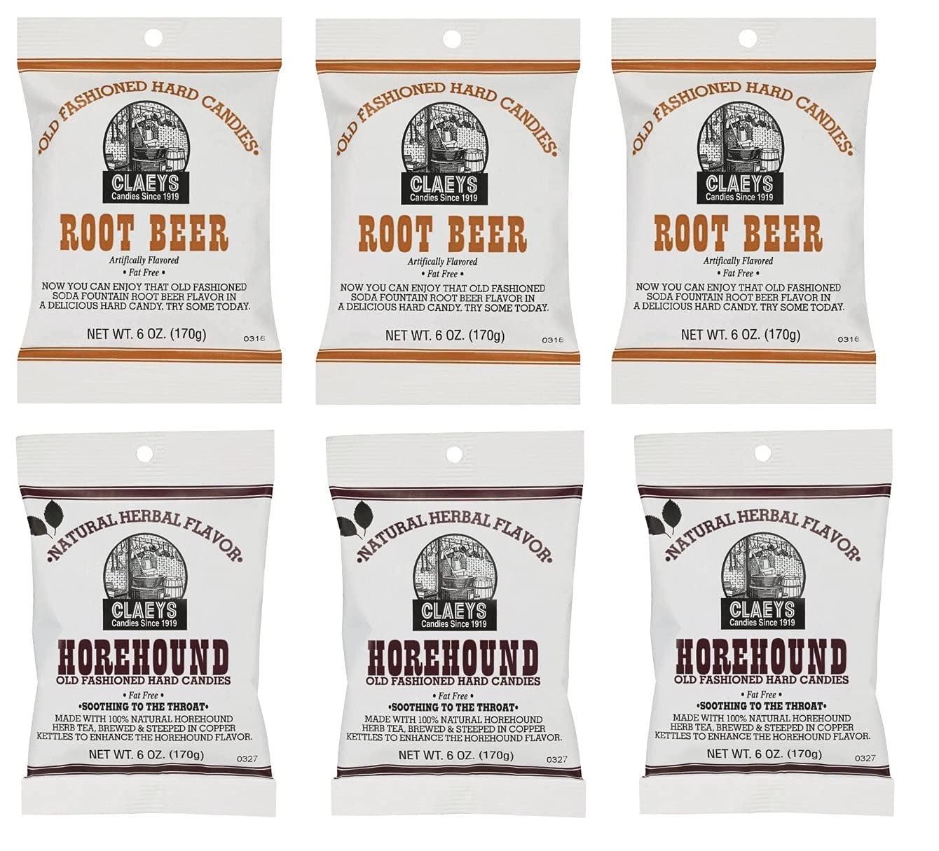 Claeys Old Fashioned Hard Candy Variety 6 Pack Horehound and Root 3 of Each Flavor 36