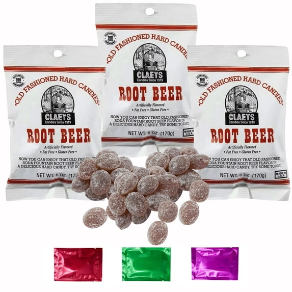 Claeys Root Beer Old Fashioned Hard Candies, Fat Free & Gluten Free Classic Treats, Holiday Birthday Halloween Christmas Party Favor Stocking Stuffers 6 oz 3 Bags, w/Bonus Snoep in Beperkte Oplage