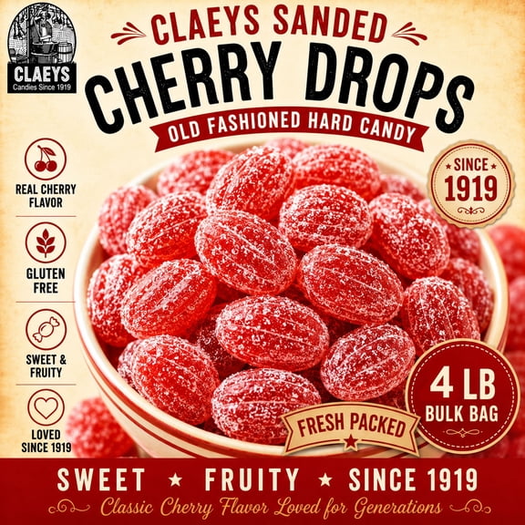 Claeys Sanded Cherry Drops Old Fashioned Nostalgic Candy, 4 lbs, Gluten Free No Known Allergens