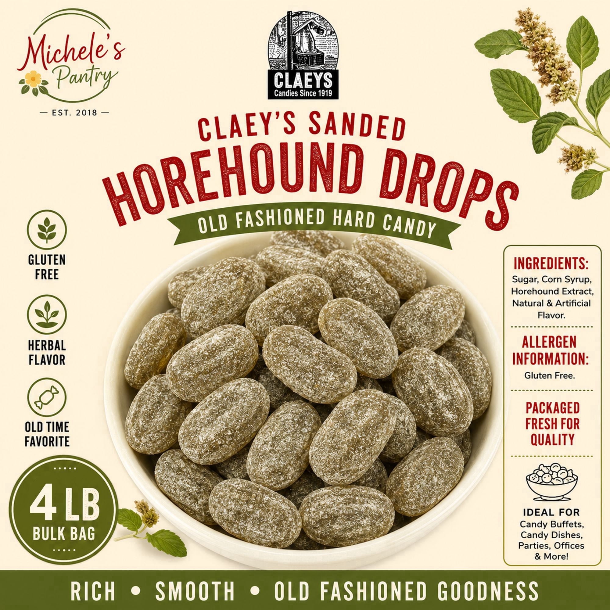 Claey's Horehound Hard Candy Drops Sanded Gluten-Free 4 lb Bulk Bag