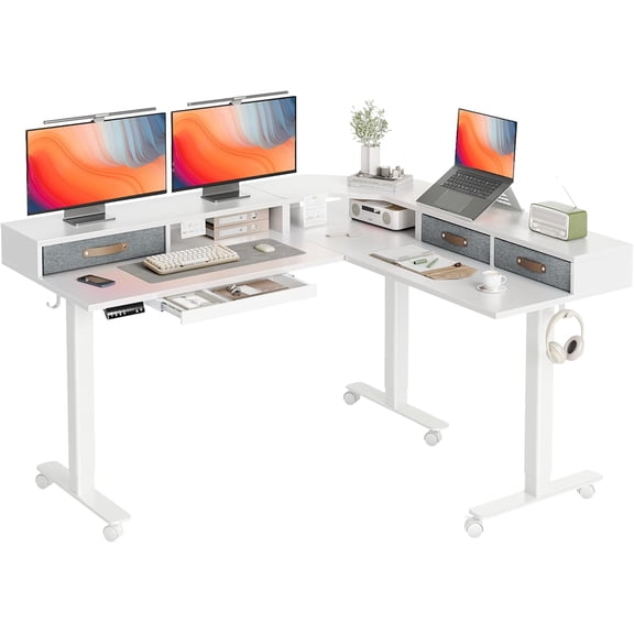 Claiks Dual Motor 63" L Shaped Standing Desk with Drawers, Electric Height Adjustable Standing Desk with Monitor Stand & Splice Board, White Frame/White Top