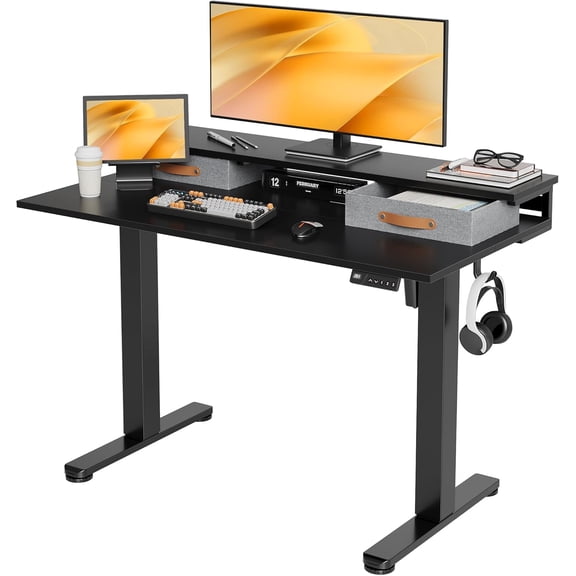 Claiks Electric Standing Desk with 2 Drawers, Adjustable Standing Desks with Storage, Height Adjustable Stand up Desk for Home Office with 2 Hooks,48 Inch Black