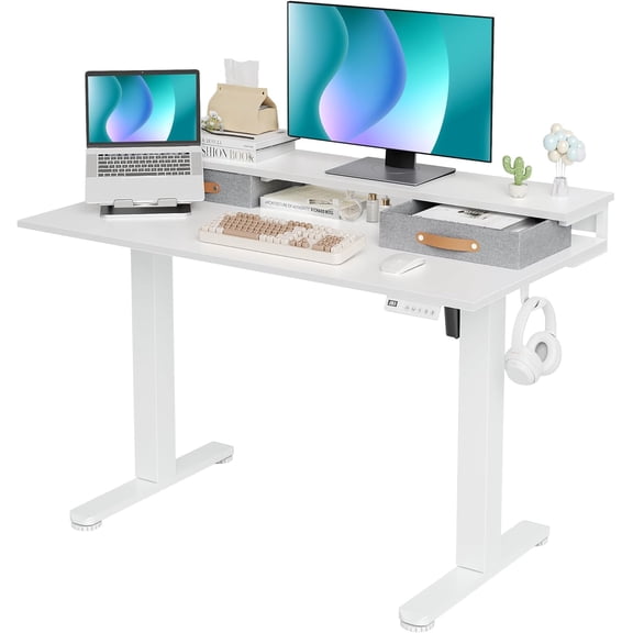 Claiks Electric Standing Desk with 2 Drawers, Adjustable Standing Desks with Storage, Height Adjustable Stand up Desk for Home Office with 2 Hooks,48 Inch White