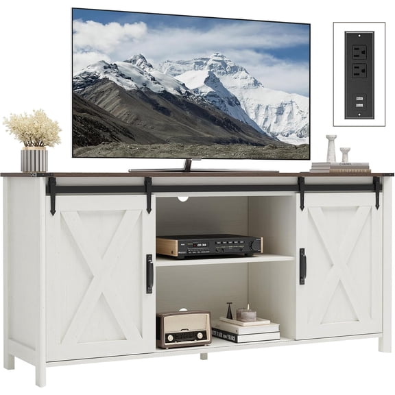 Claiks Farmhouse TV Stand with Power Outlet for TV up to 65", Modern Entertainment Center with Sliding Barn Door & Cabinet, Rustic Media TV Console Table with Adjustable Shelve for Living Room, White